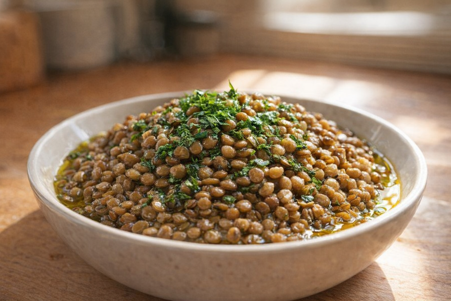 A vibrant bowl of perfectly cooked lentils, showcasing their distinct shape and appealing texture, garnished with fresh herbs and a drizzle of olive oil, bathed in warm, natural light